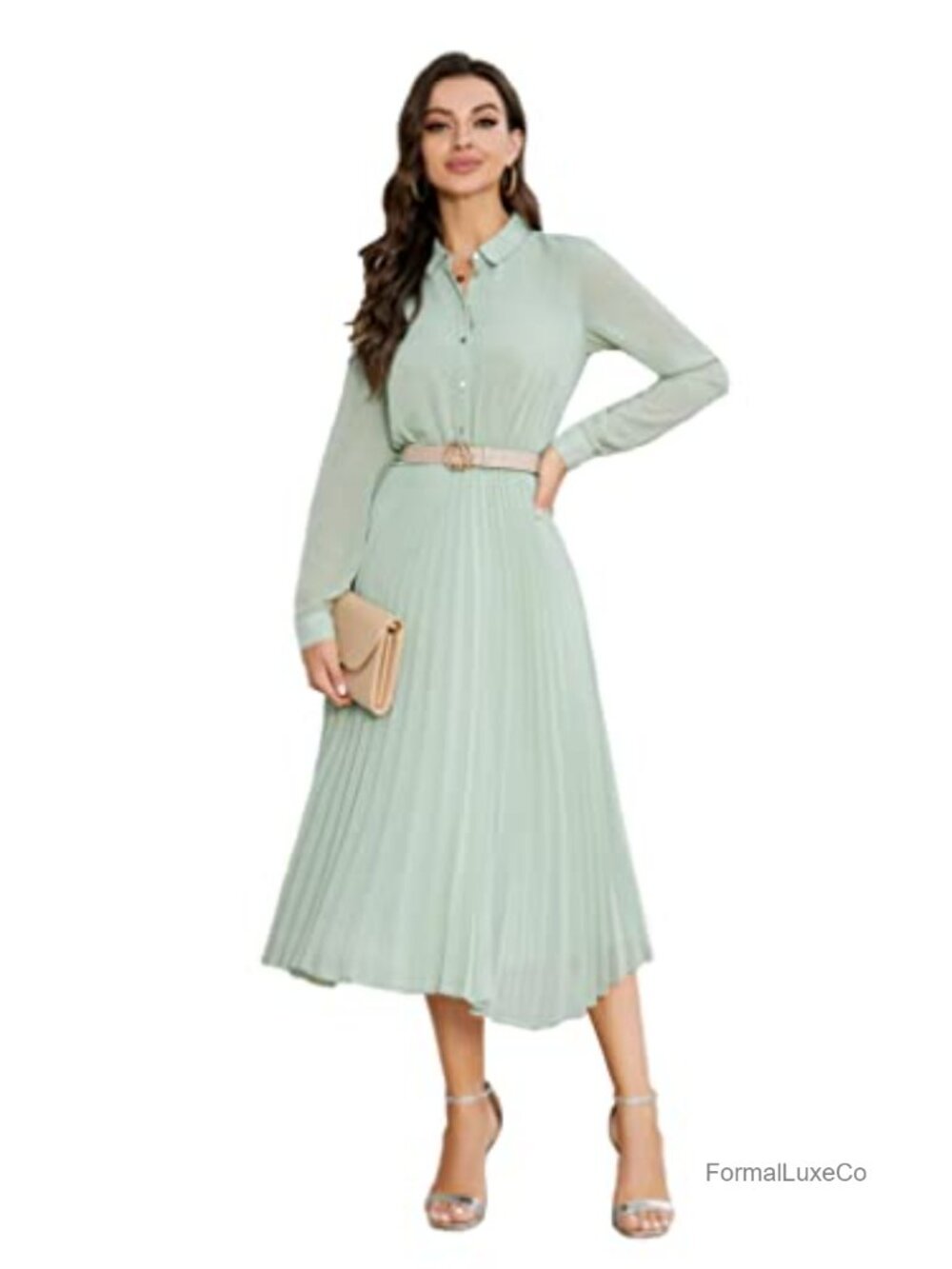 Women's Chiffon Midi Work Dress Belted Fit & Flare Long Sleeve